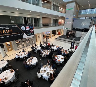 Overhead view from the balcony of attendants watching a speaker during the 2022 LEAPS conference