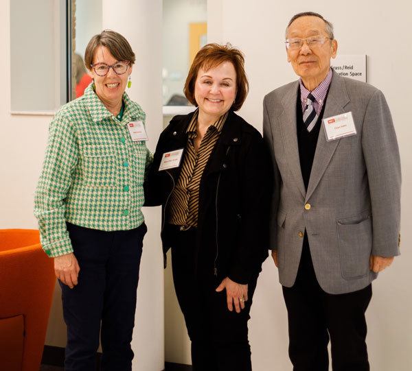 Mary Ellen Smith, corporate vice president at Microsoft Business Operations pictured with Dr. Janet Hartley and Emertis Professor Chan Hahn