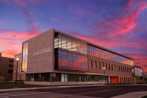 Maurer Center Building for the Schmidhorst College of Business at Sunset