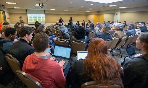 Thematic Panel, El Centro: Proposed New Center of Latin American, Caribbean, and Latinx Studies at BGSU, with Moderator Prof. Susana Peña, Director, School of Cultural & Critical Studies, and Dean Raymond Craig, College of Arts & Sciences, Prof. Amílcar Challú, Chair, Department of History, Prof. Amy Robinson, Associate Professor, Spanish in World Languages and Cultures, Ana Brown, Interim Director, Office of Multicultural Affairs, Dania Alvarado, Undergraduate Student, Latino Student Union Member, Taylor Balderas-Burciaga, Executive Director, Sofia Quintero Art and Cultural Center, and Gabe Lomeli, Assistant Director of Diversity, Office of Admissions.