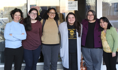 Dr. Michaela Django Walsh, Taylor Lyndsey Abair, keynote speaker Ariana Brown, Megan Miner, Dr. Susana Peña, and Trinidad Linares at evening dinner before the conference. 