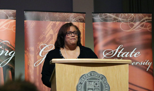 Ana Brown, Interim Director, Office of Multicultural Affairs, presenting at the keynote luncheon