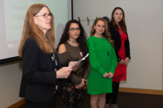 Dr. Kathy Bradshaw with new Kappa Tau Alpha Journalism Hall of Fame inductees Stepha Poulin, Becca Erwin, and Shannon Cleary.