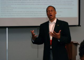 Jared Wadley, BGSU journalism alum and current Senior Public Relations Specialist at the University of Michigan, makes a presentation on crisis management.