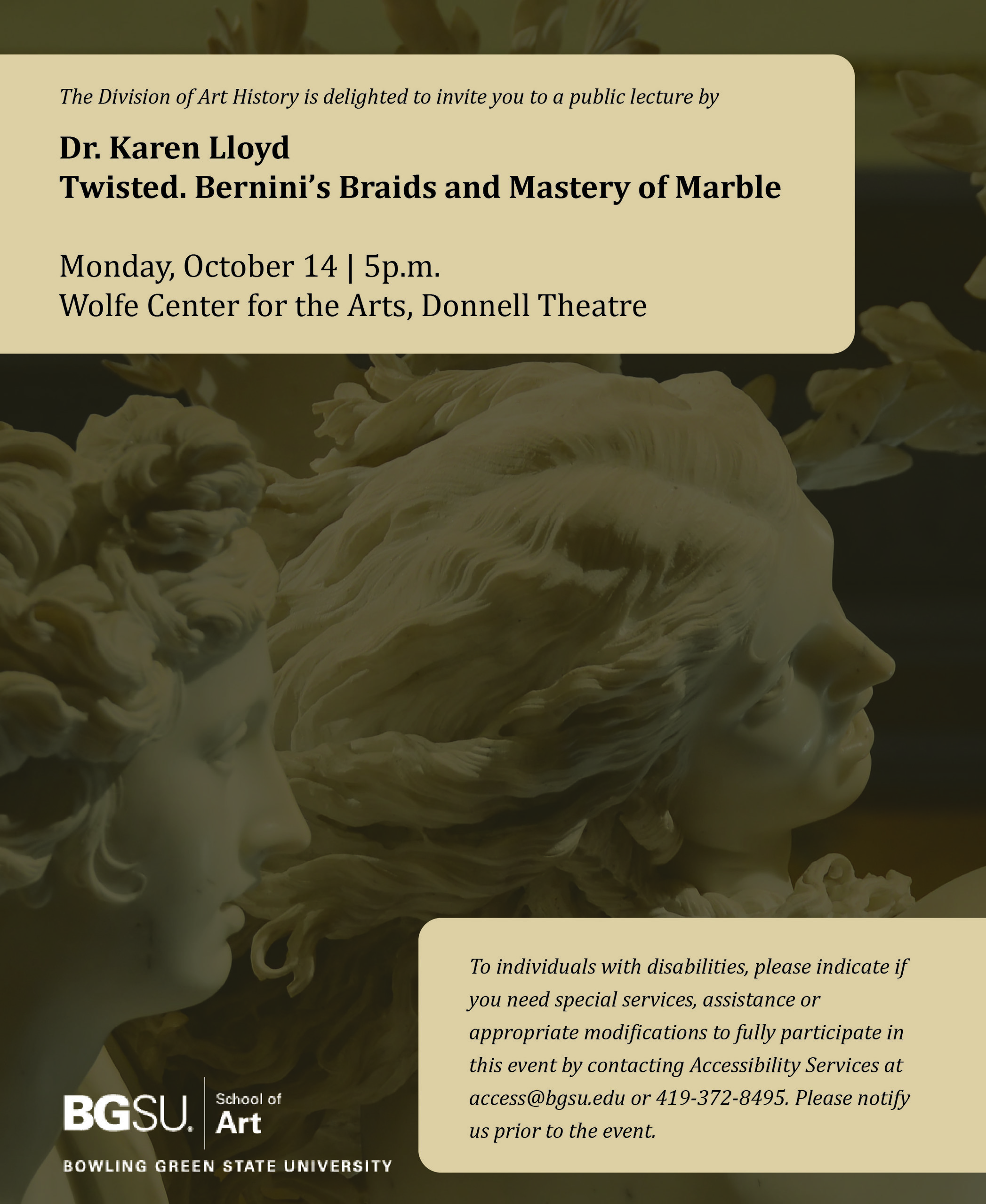 A poster that includes information for the upcoming guest speaker, Rebekah Compton. The lecture will be October 12th, 2023 from 5 - 6pm at the Donnell Theater in the Wolfe Center for the Arts, BGSU