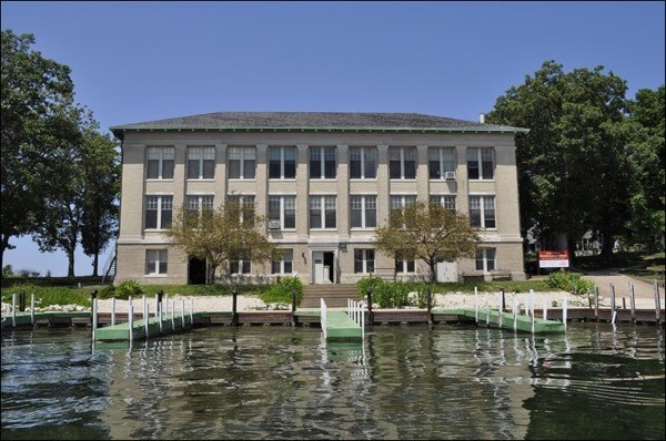 Stone Lab building with dock on Lake Erie