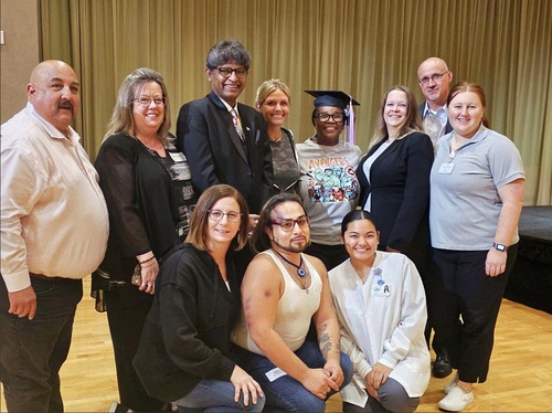 Human Trafficking Interprofessional Education Event, left to right: back row: Ricardo Ramos, Tracy McGinley, Harold D'Souza, Lara Wilken, Annette Mango, Carolyn Kinkoph, James Ciesla, Lindsey O'Connor. Front row: Heather Wilde, Angel Pina, and Jada Murphy.