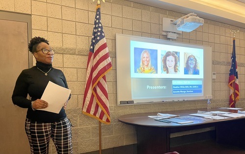 Annette Mango presenting to law enforcement and first responders in January 2023 at the Perkins Township Hall