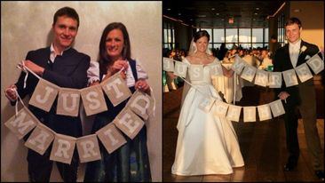 Two photos side-by-side of a couple holding a marriage banner