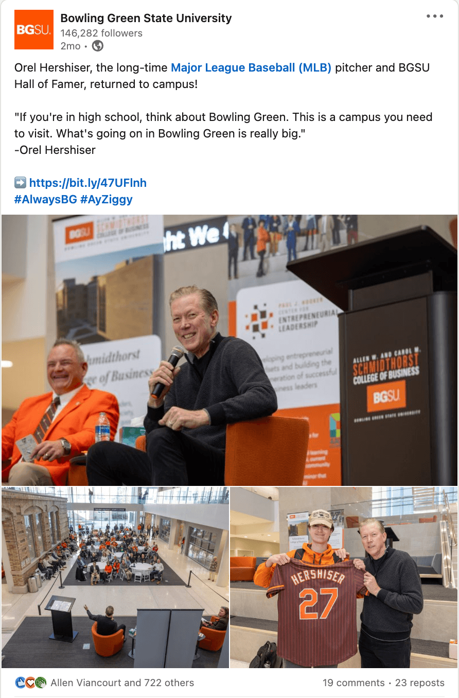 Orel Hershiser, the long-time Major League Baseball (MLB) pitcher and BGSU Hall of Famer, returned to campus!  "If you're in high school, think about Bowling Green. This is a campus you need to visit. What's going on in Bowling Green is really big." -Orel Hershiser  ➡️ https://bit.ly/47UFlnh #AlwaysBG #AyZiggy