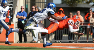 Bowling Green State University's Matt Johnson was named the 2015 Mid-American Conference Offensive Player of the Year as well as the winner of the 34th Vern Smith Leadership Award. Johnson orchestrated one of the best seasons ever out of a quarterback in MAC history, passing for 4,465 yards and a MAC record 41 touchdowns. He led the Falcons to a 9-3 record through the regular season and BGSU's third consecutive MAC East Division title. The Orange and Brown had several impressive wins throughout the season, including road victories at Maryland and Purdue. The Falcons, behind Johnson's leadership and guidance, were the only team in the Football Bowl Subdivision to win six road games, and one of just 10 teams to go undefeated in road games.