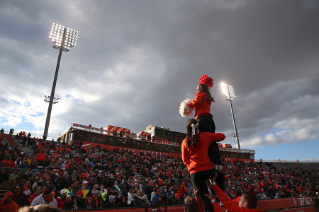 BGSU Cheerleaders lead the Falcon fans in the fight song, Ay Ziggy Zoomba, during a football game at The Doyt.