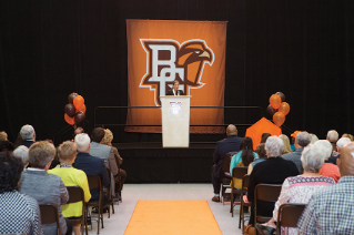 Inductee Ginny (McGee) Beneke ’76 delivers remarks to those gathered to celebrate this year’s Hall of Fame inductees