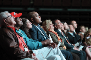 Current Hall of Fame members and Falcon greats Ken Schoeni, Crystal Ellis ’57, ’75, ’93 and Anthony Stacey ’99 listen to Induction Ceremony speakers