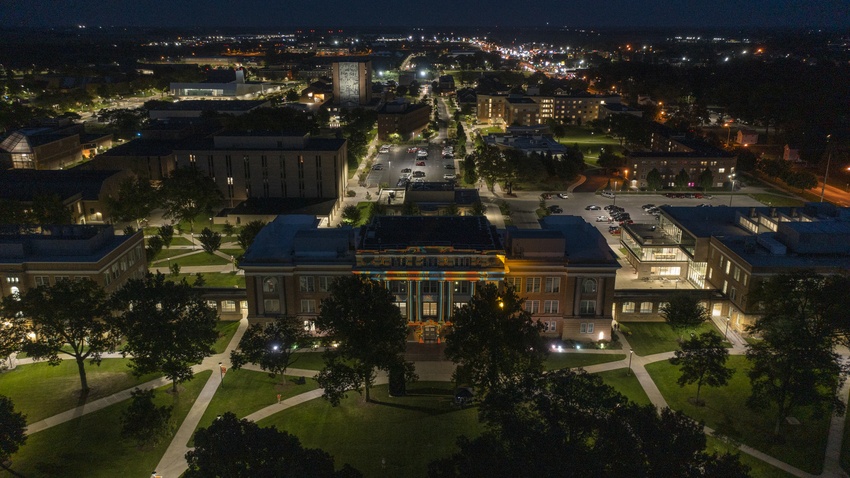 University Hall is awash in light during the Court Street party festivities.