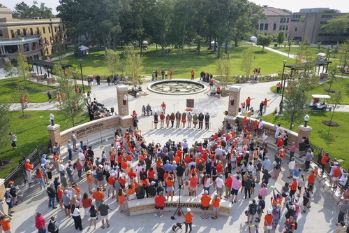 Aerial view of cutting the ribbon at the BGSU Alumni Gateway