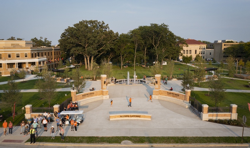 The new Alumni Gateway is seen from Court Street looking into the BGSU campus.