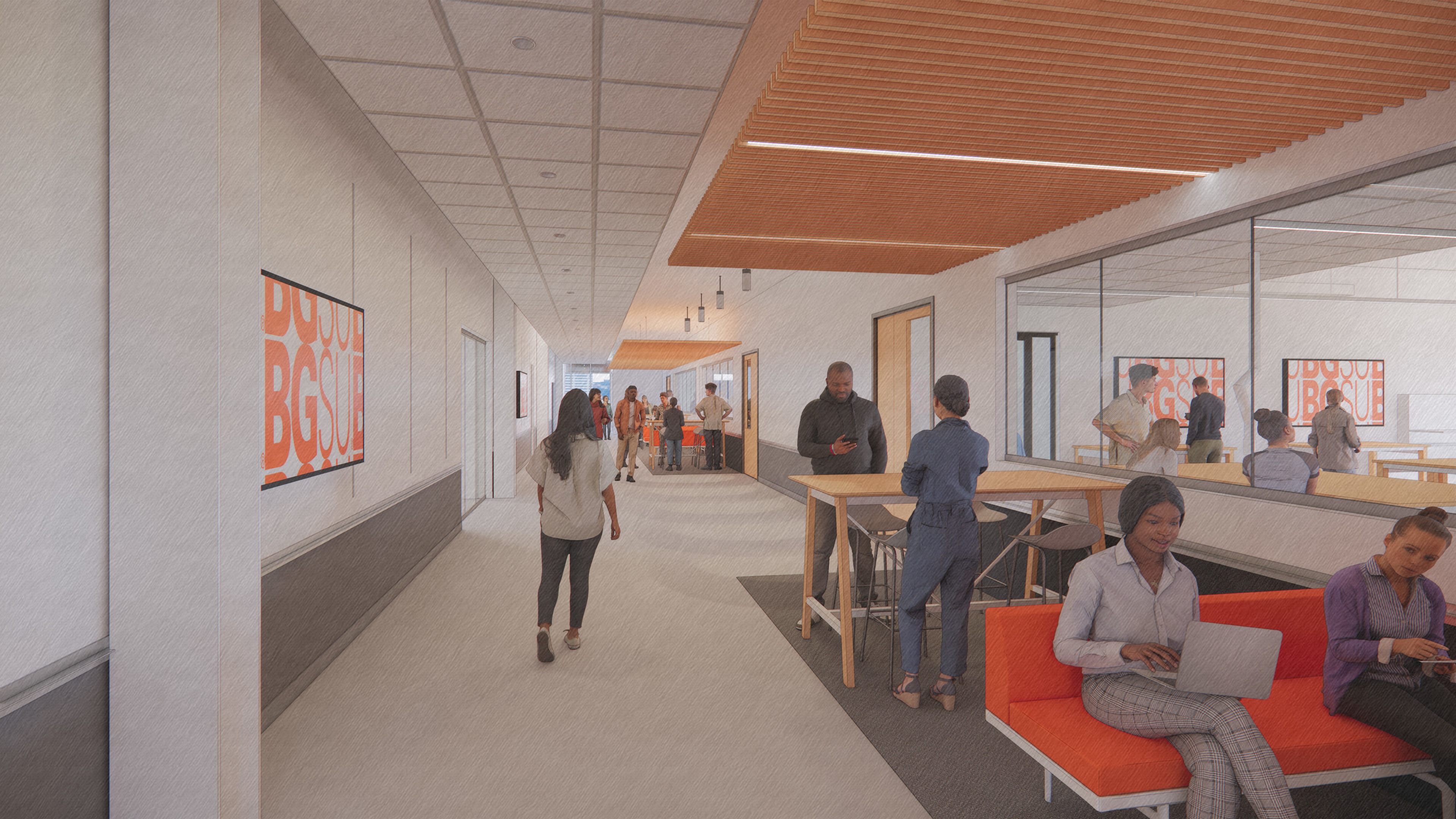 An artist's rendering of collaboration space in the BGSU Technology Engineering Innovation Center.