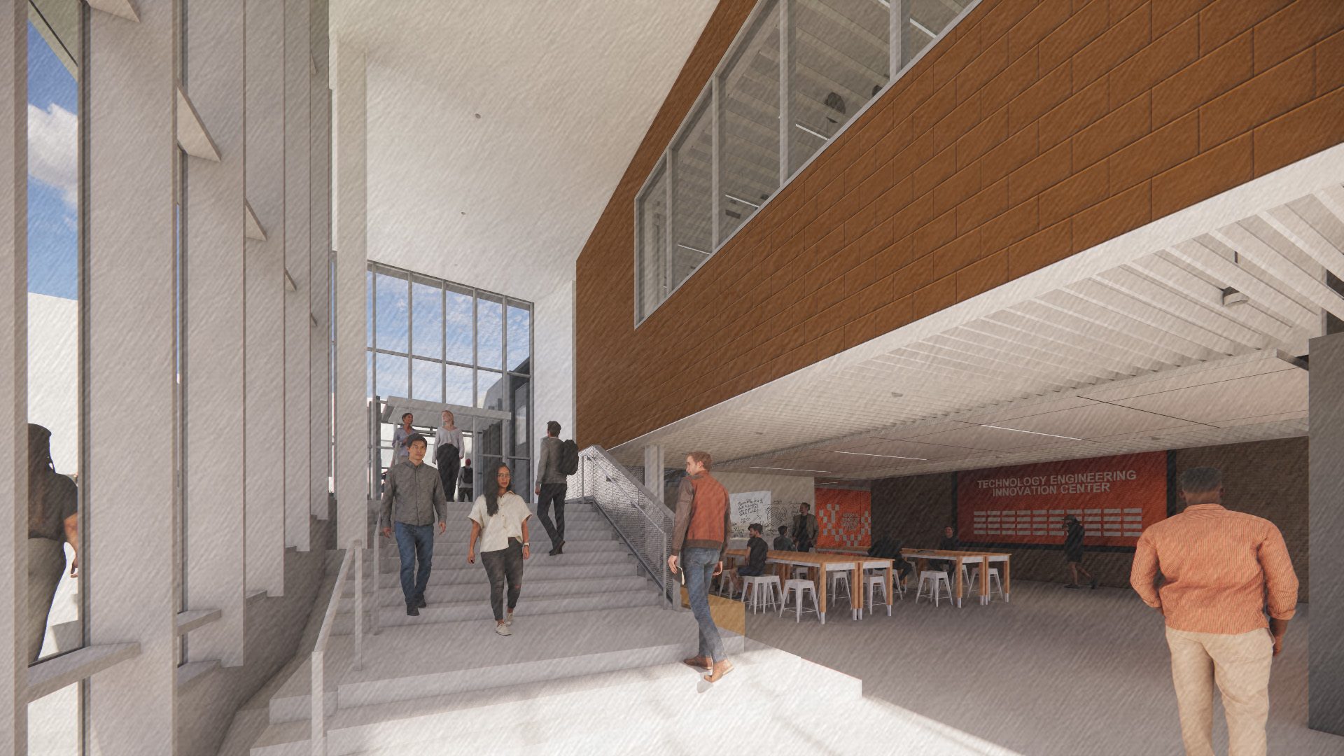 An artist's rendering of a common space in the BGSU Technology Engineering Innovation Center.