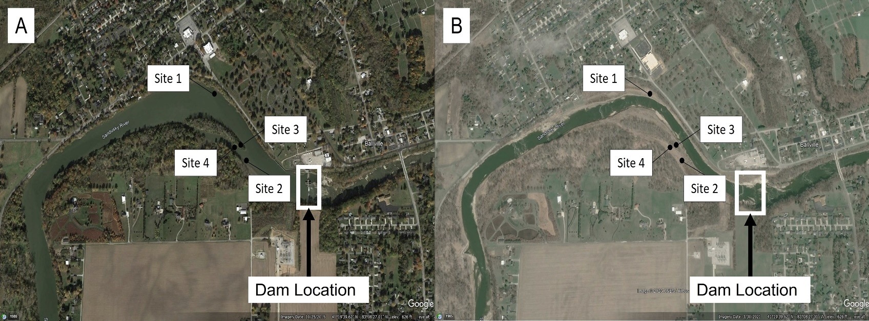 Aerial map images of Sandusky River near Fremont, Ohio