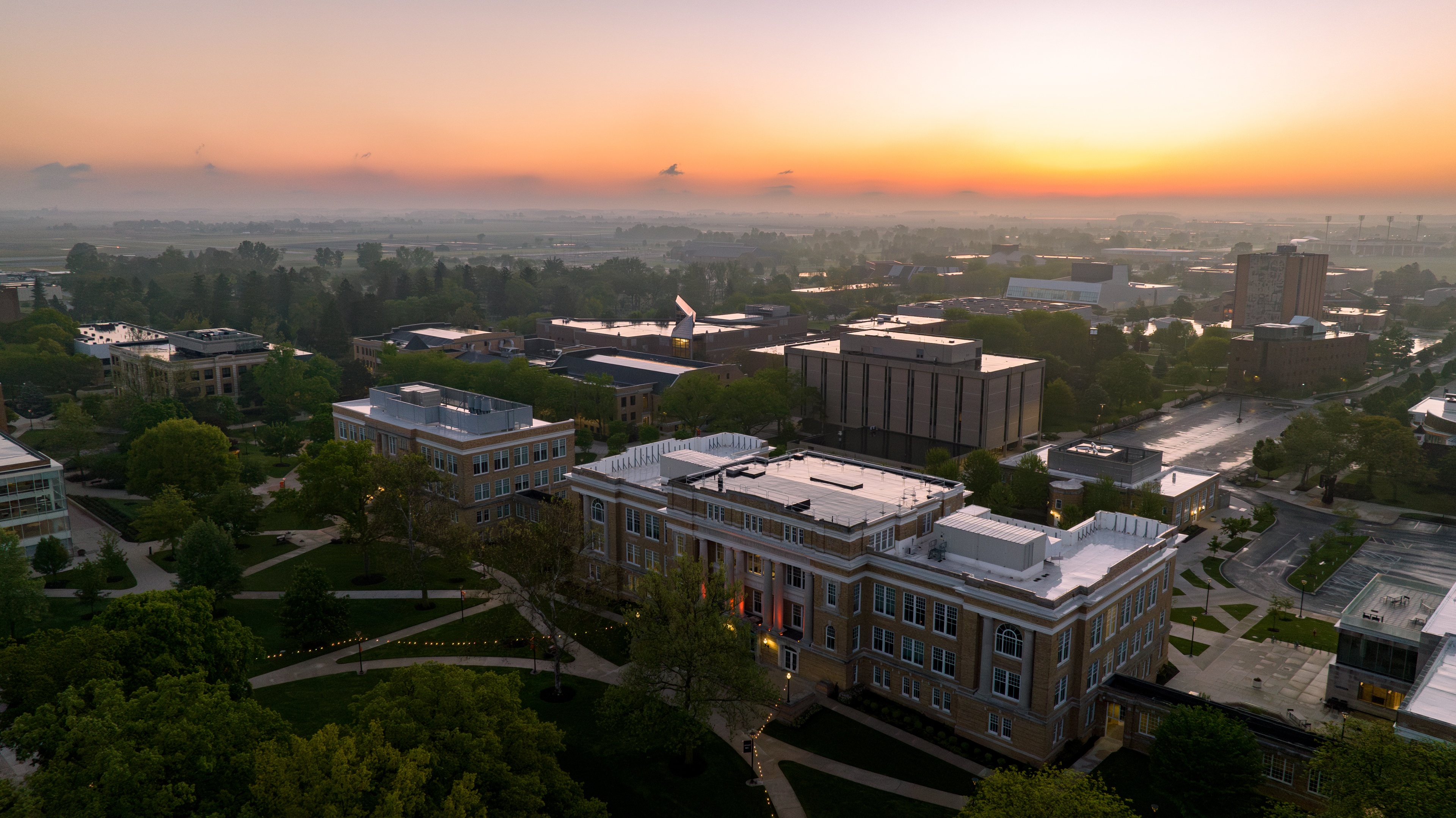 A panoramic view of the BGSU campus with University Hall at the center.