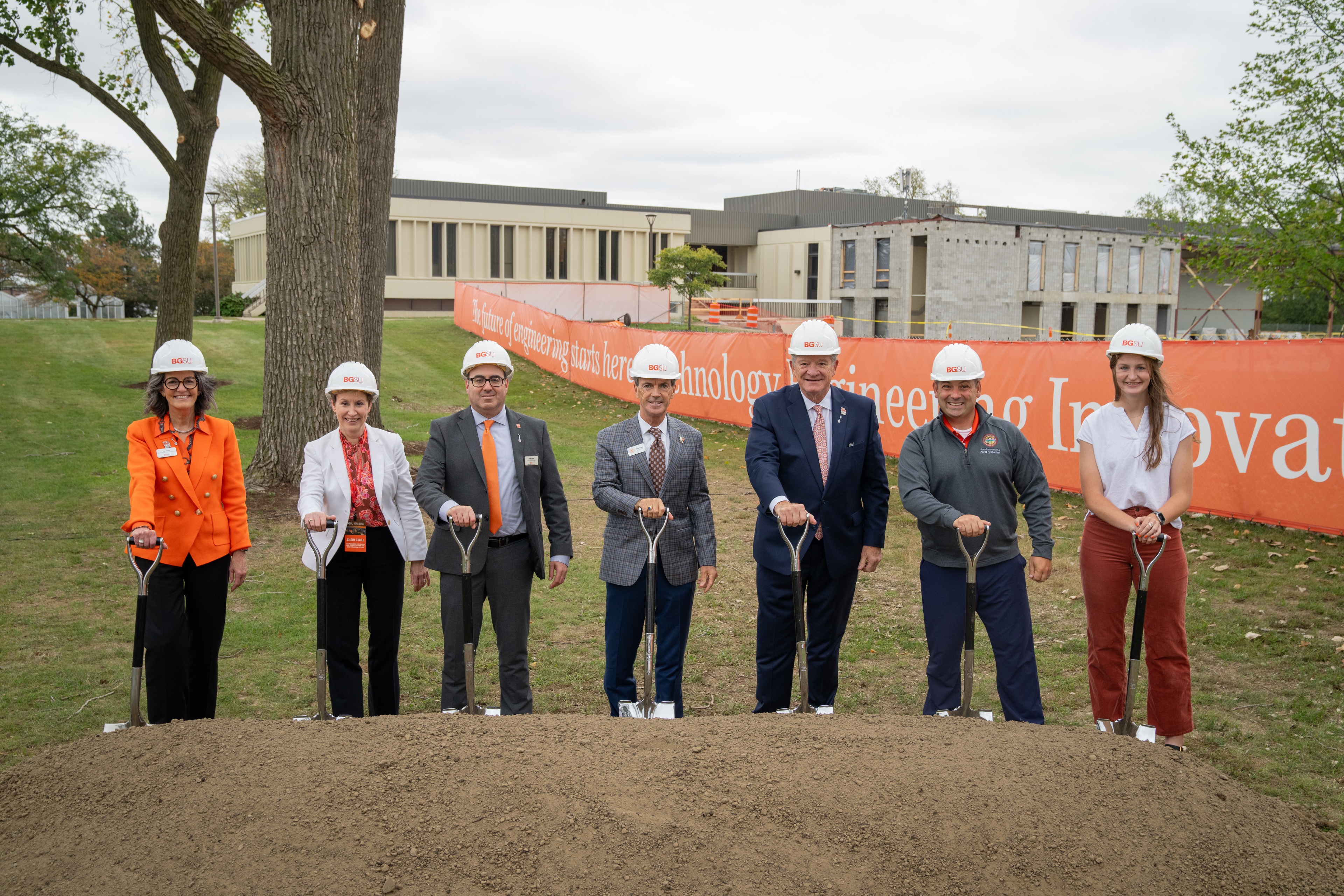 People with shovels celebrate a groundbreaking at Bowling Green State University.