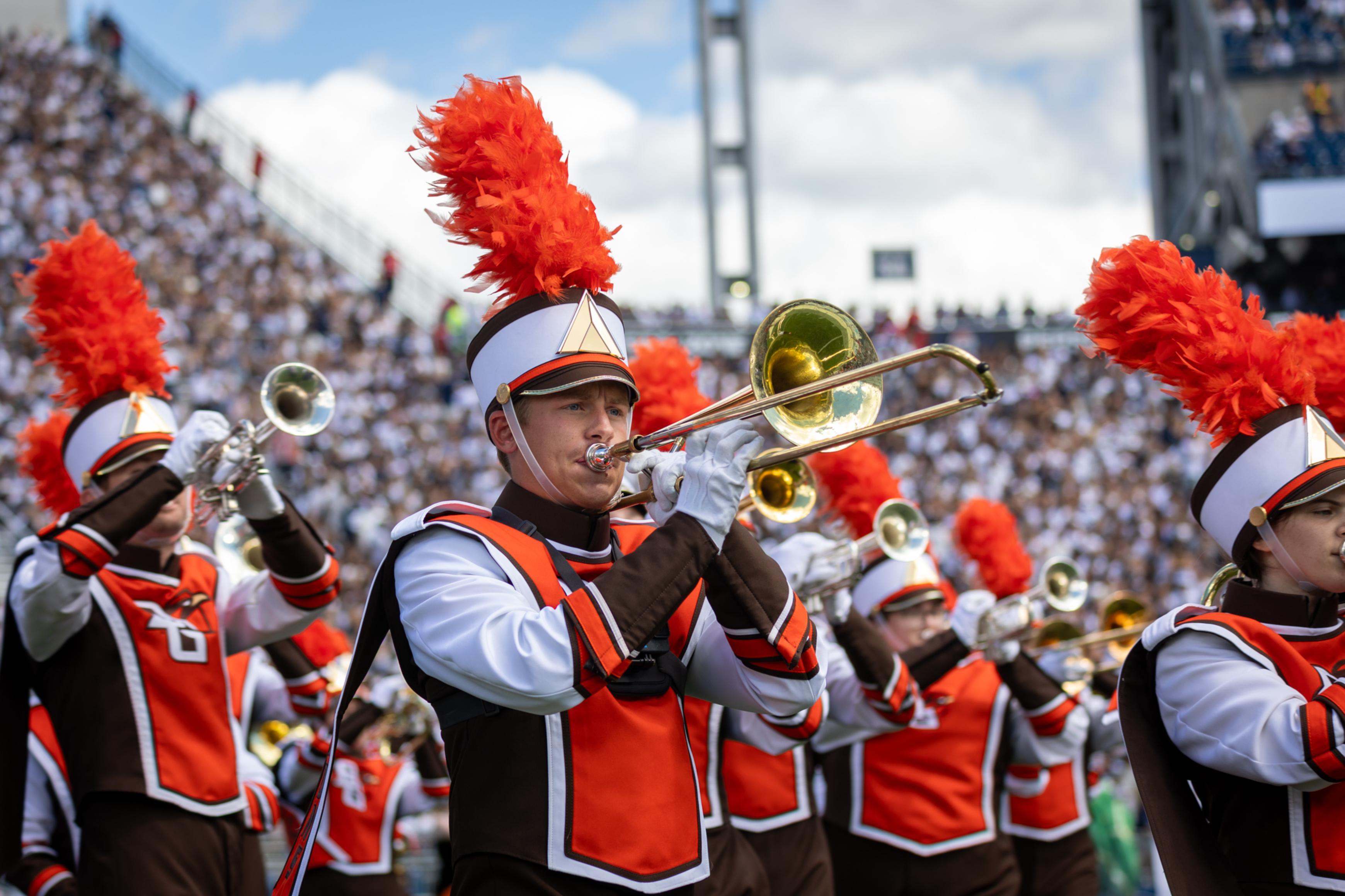 Elijah Reynolds plays the trombone during the Falcon Marching Band's performance at Penn State.