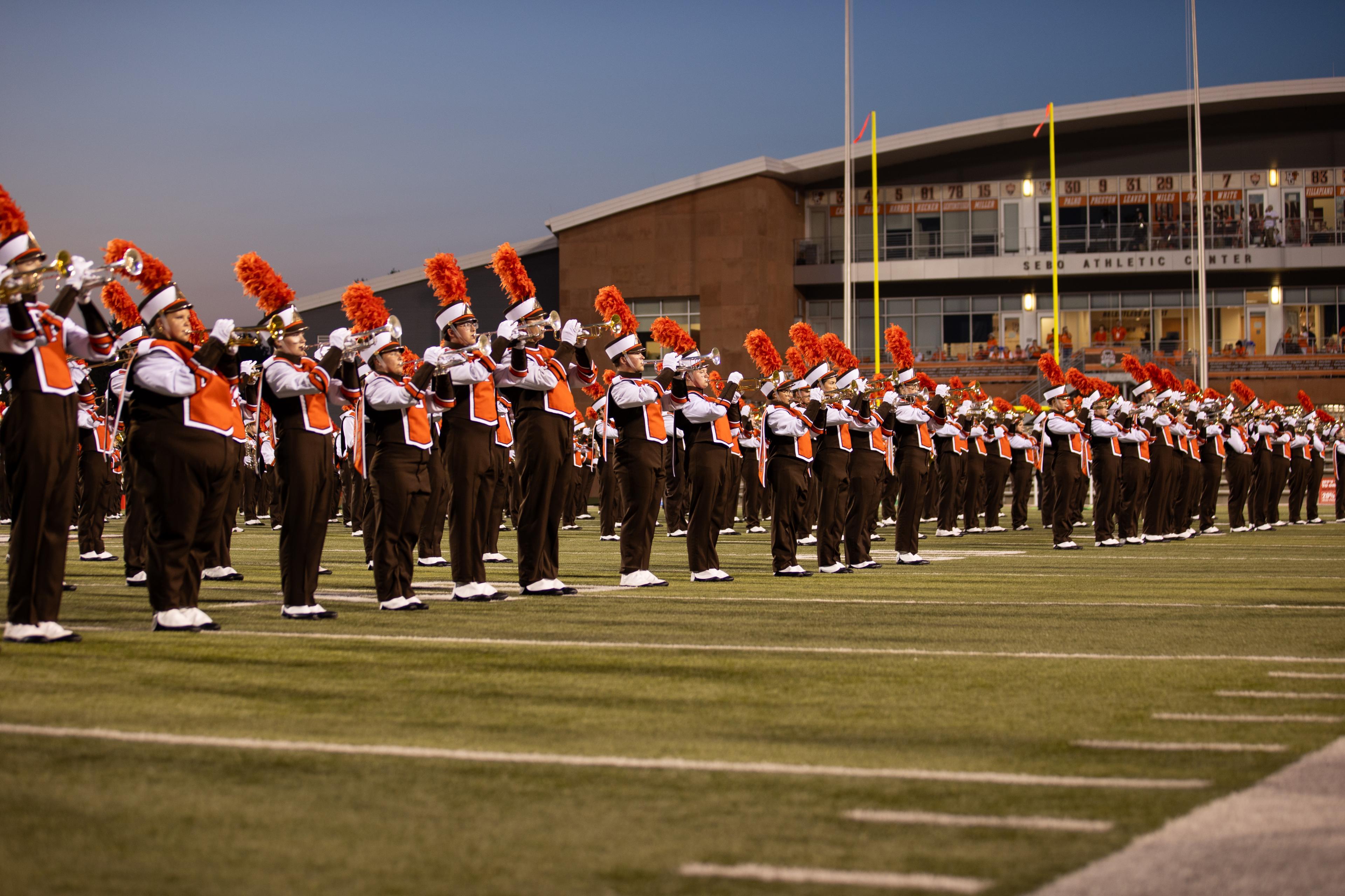 Falcon Marching Band members from behind during the BGSU football season opener against Fordham.