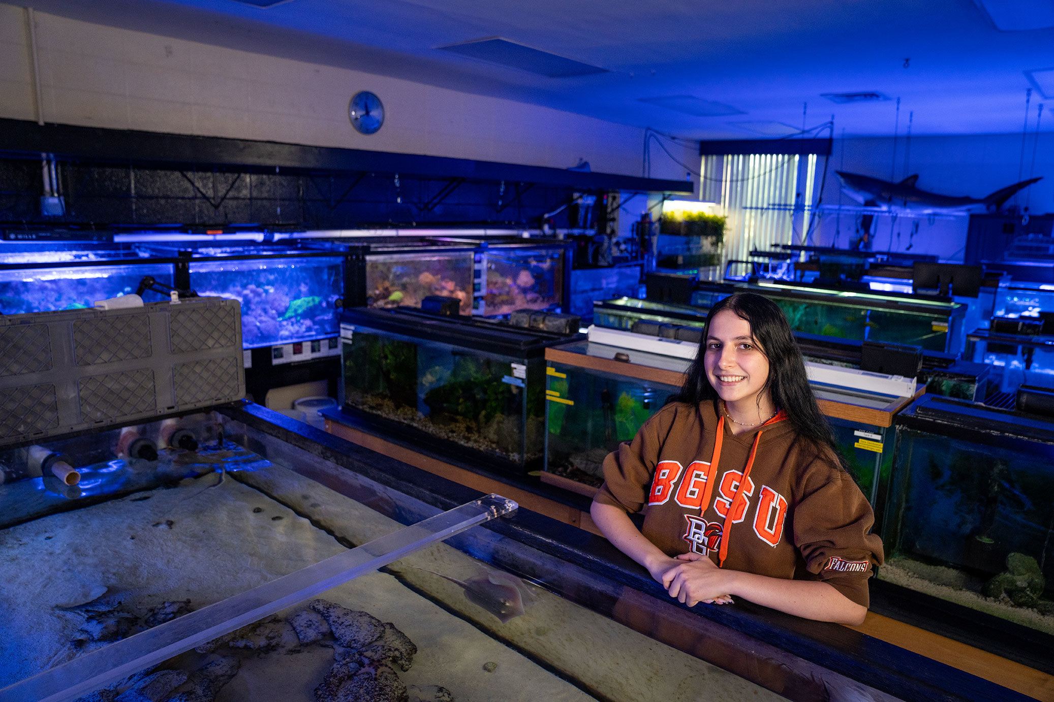 A student looks over a fish tank.