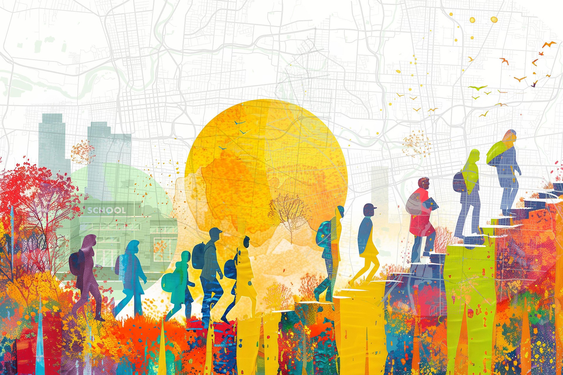 A colorful illustration depicting students walking along a path.