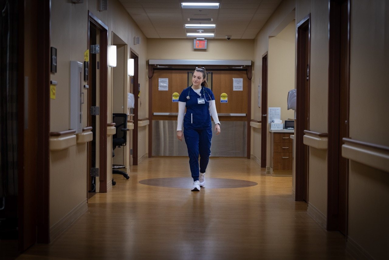 A nurse walks down the hall of a hospital.