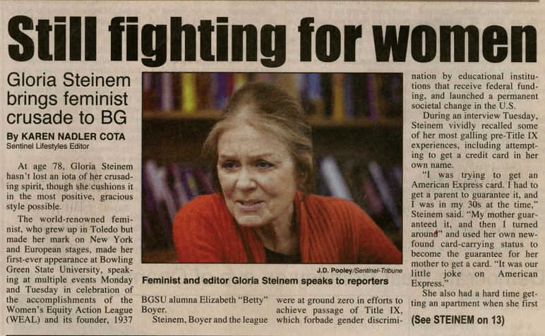 Sentinel Tribune highlighting Steinem's visit